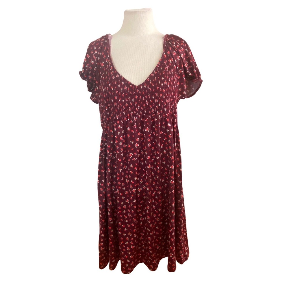 NWT Derek Heart dress  1X Burgundy‎ Floral Smocked Cottagecore prairie - Picture 2 of 9